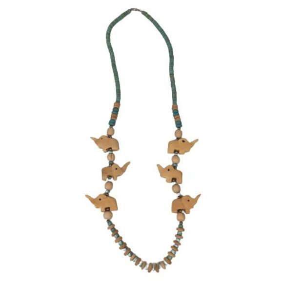 Coconut Shell Blue Wood Elephant Bead Necklace 28" Handmade Lg Chunky Boho VTG - Picture 1 of 7
